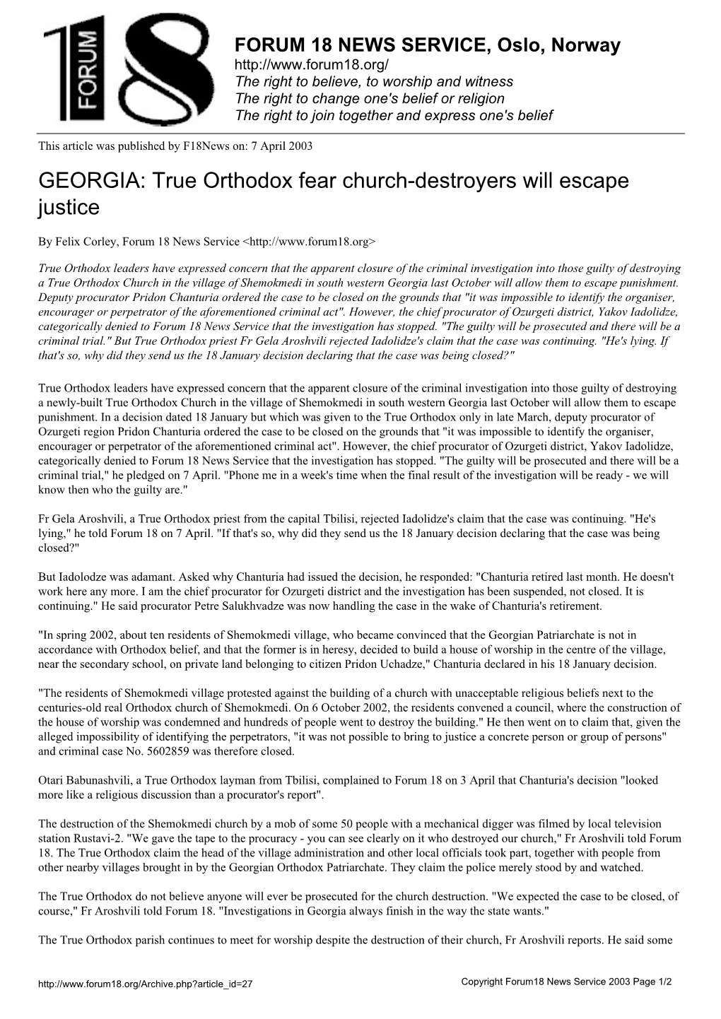 GEORGIA: True Orthodox Fear Church-Destroyers Will Escape Justice