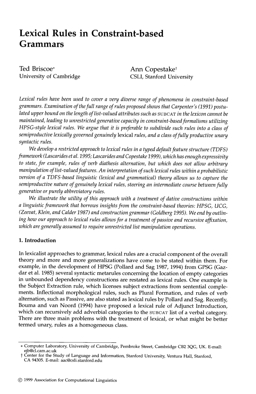 Lexical Rules in Constraint-Based Grammars