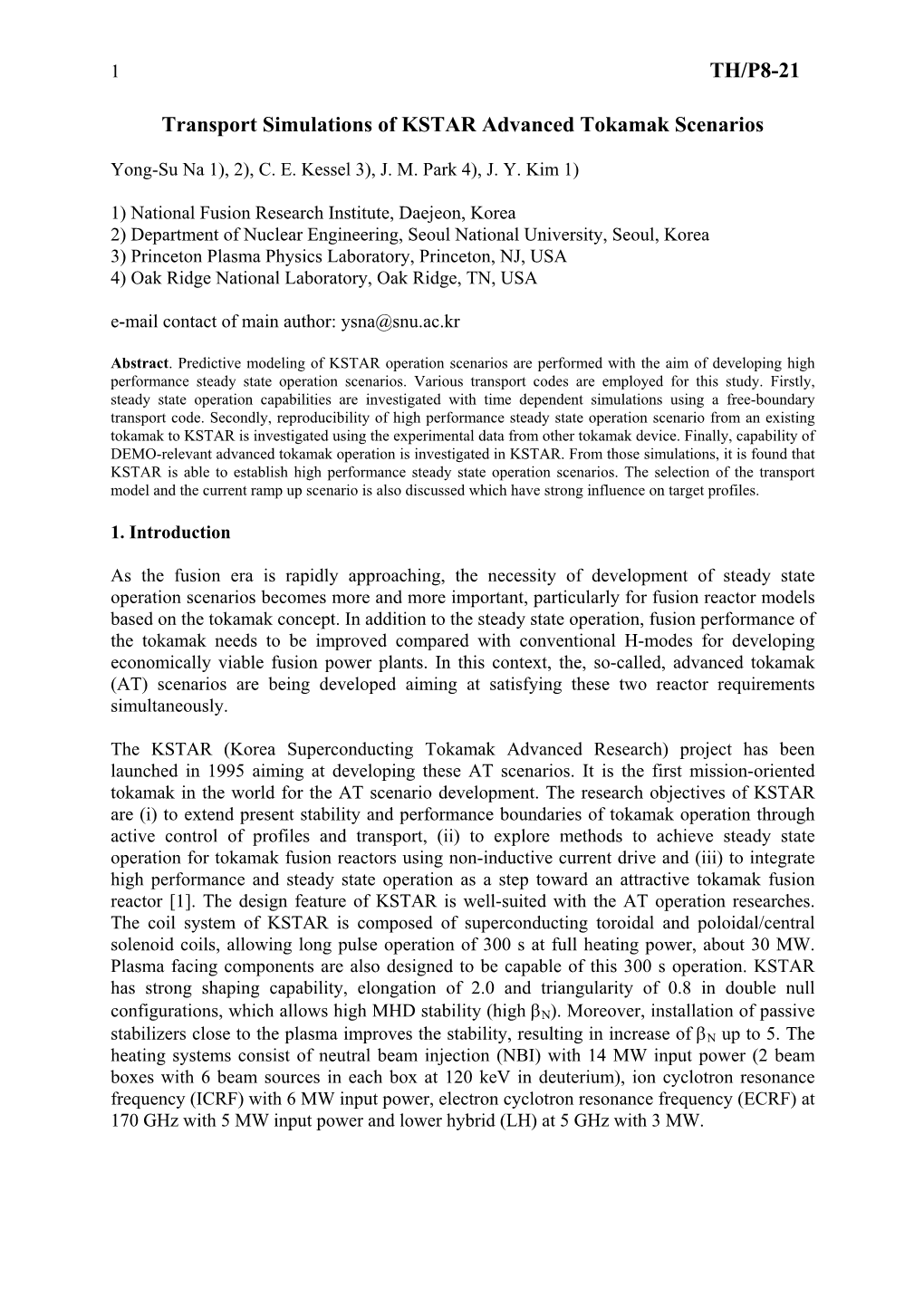 TH/P8-21 Transport Simulations of KSTAR Advanced Tokamak