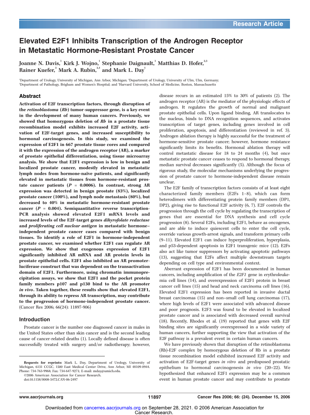 Elevated E2F1 Inhibits Transcription of the Androgen Receptor in Metastatic Hormone-Resistant Prostate Cancer