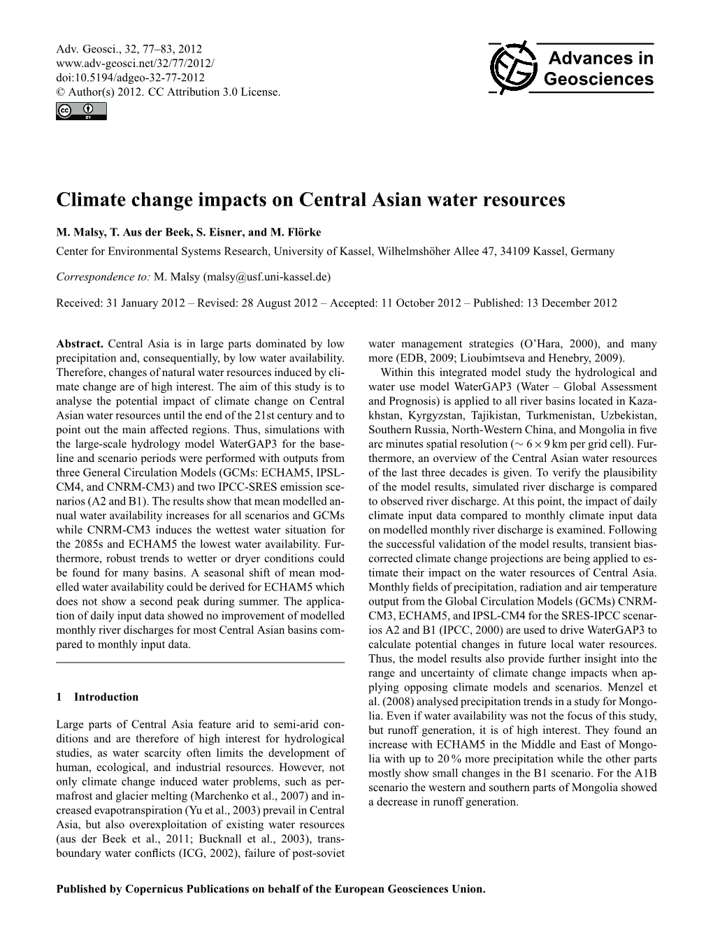 Climate Change Impacts on Central Asian Water Resources