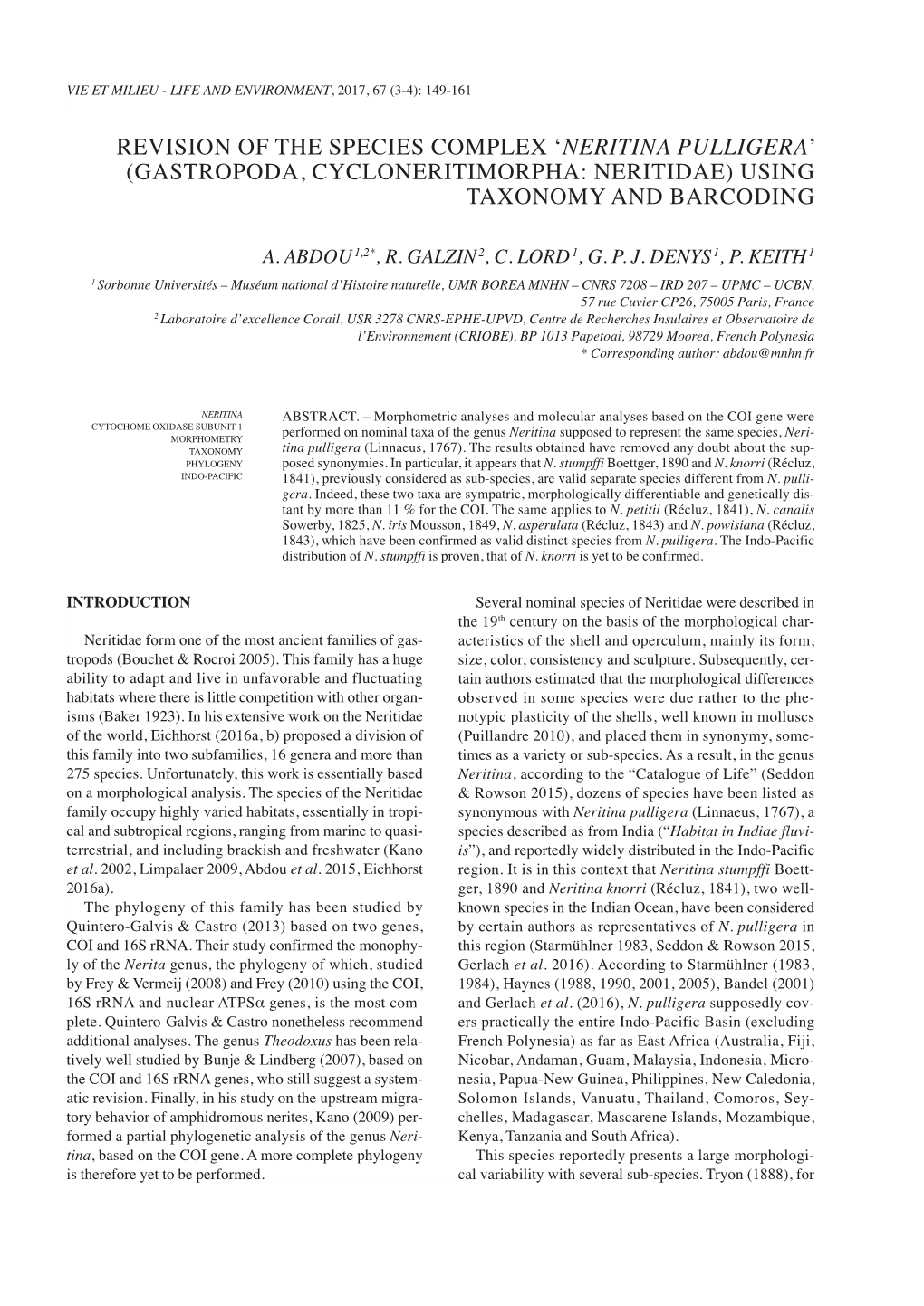 REVISION of the SPECIES Complex 'Neritina Pulligera'