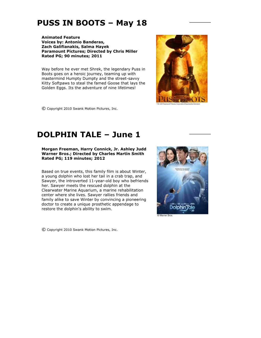 PUSS in BOOTS – May 18 DOLPHIN TALE