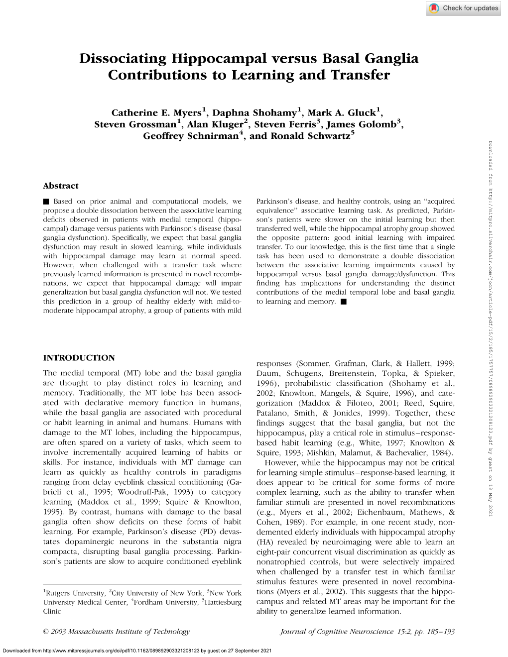 Dissociating Hippocampal Versus Basal Ganglia Contributions to Learning and Transfer