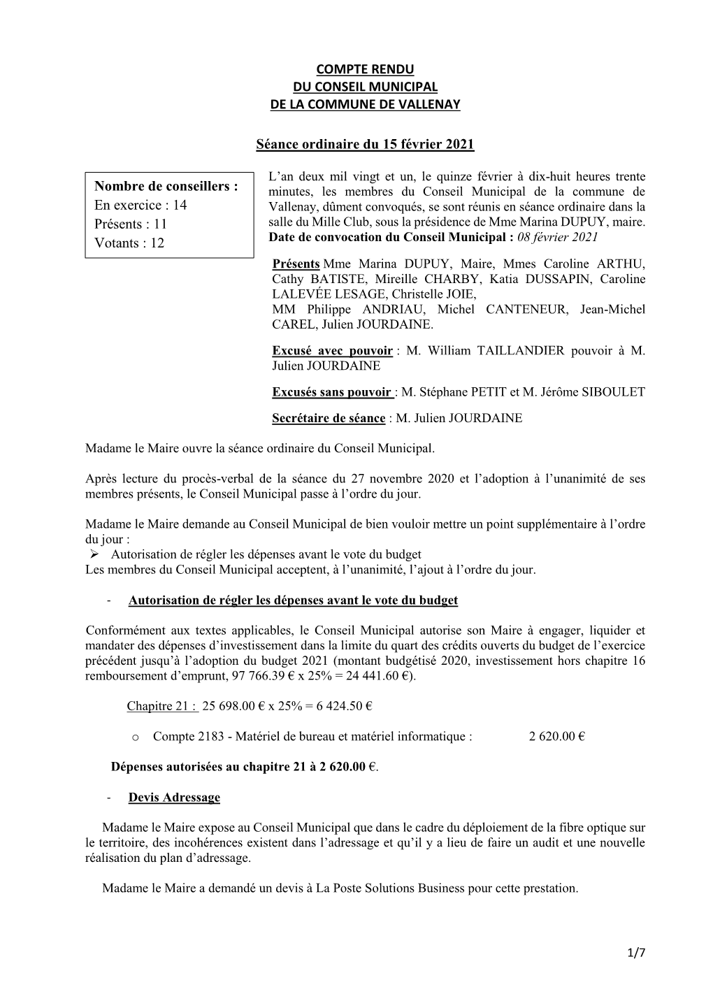 Compte Rendu Du Conseil Municipal De La Commune De Vallenay