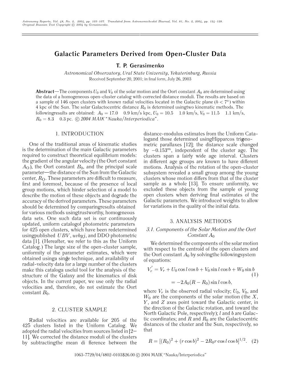 Galactic Parameters Derived from Open-Cluster Data T