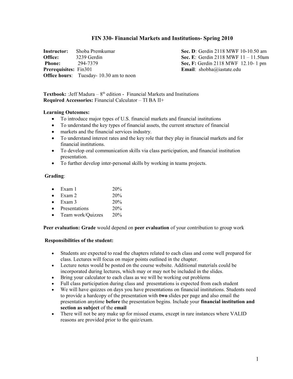 FIN 330- Financial Markets and Institutions- Spring 2010