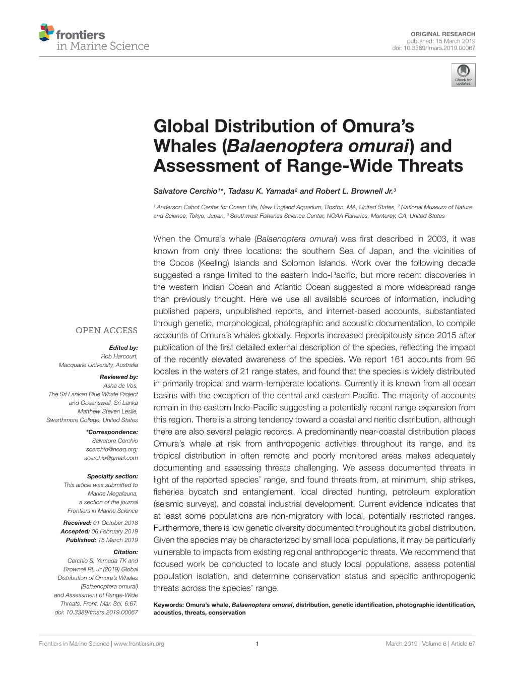 Global Distribution of Omura's Whales (Balaenoptera Omurai)