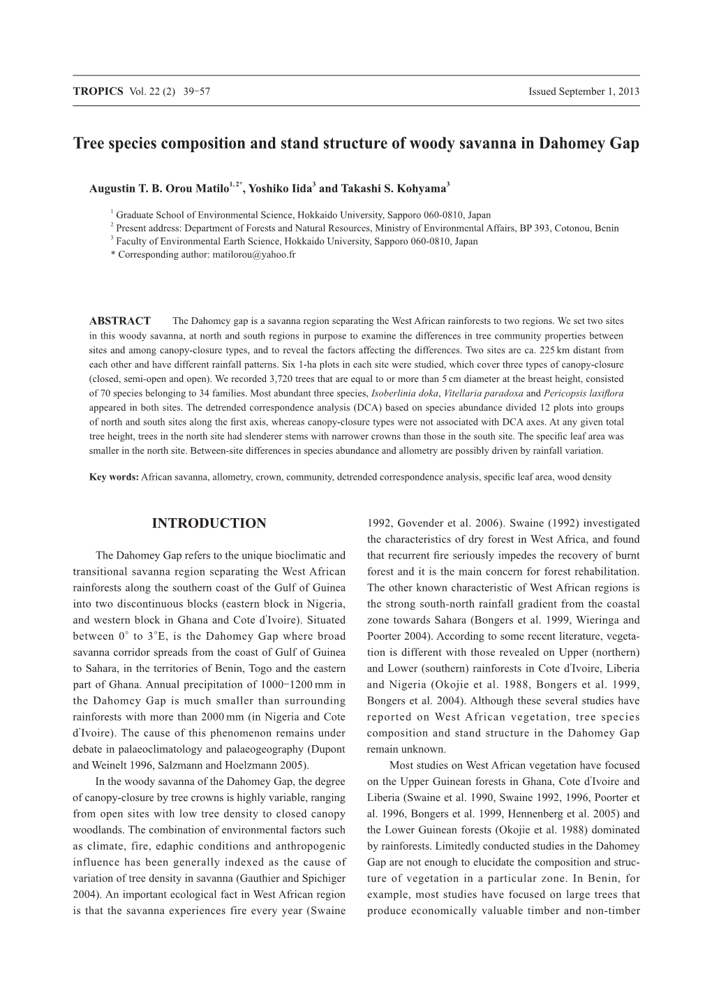 Tree Species Composition and Stand Structure of Woody Savanna in Dahomey Gap