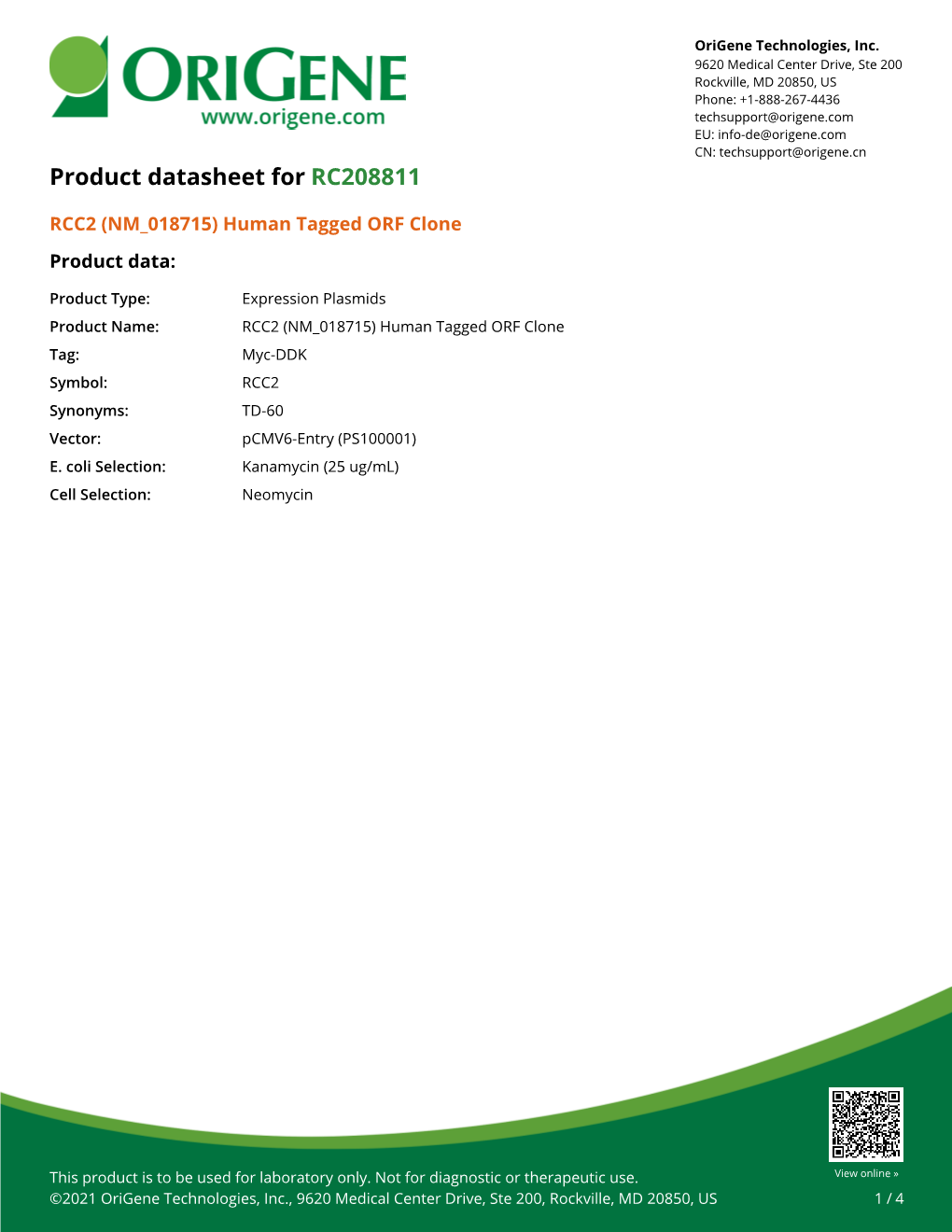 RCC2 (NM 018715) Human Tagged ORF Clone Product Data
