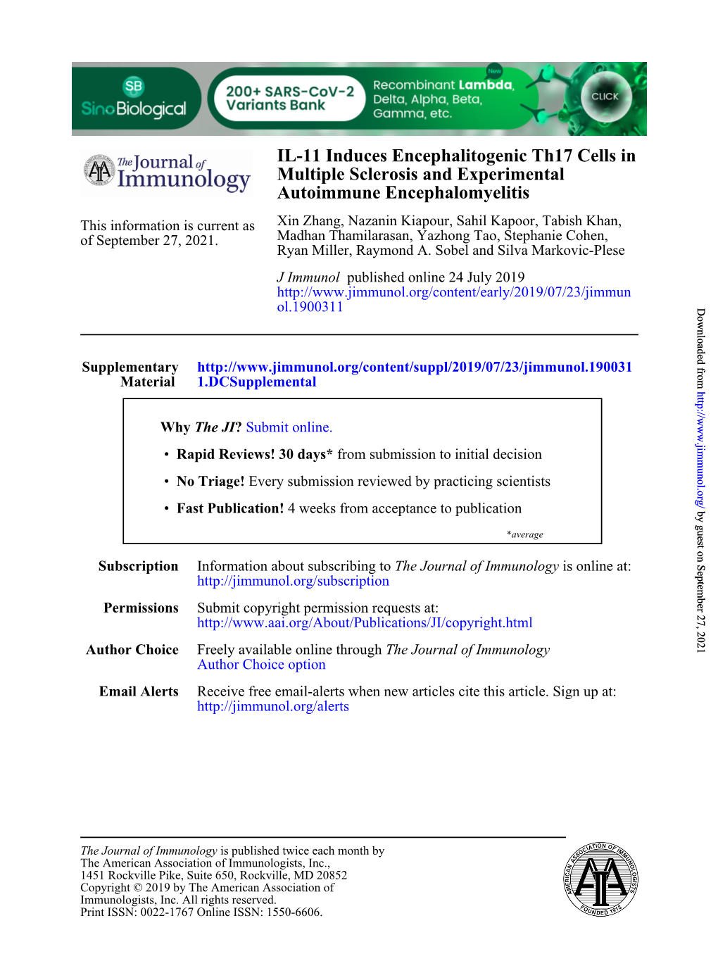 IL-11 Induces Encephalitogenic Th17 Cells in Multiple Sclerosis and Experimental Autoimmune Encephalomyelitis