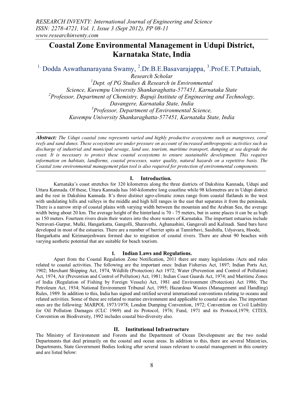 Coastal Zone Environmental Management in Udupi District, Karnataka State, India