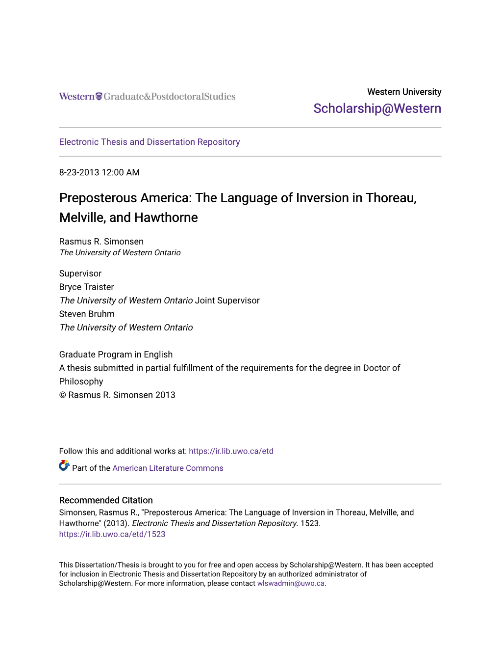 The Language of Inversion in Thoreau, Melville, and Hawthorne