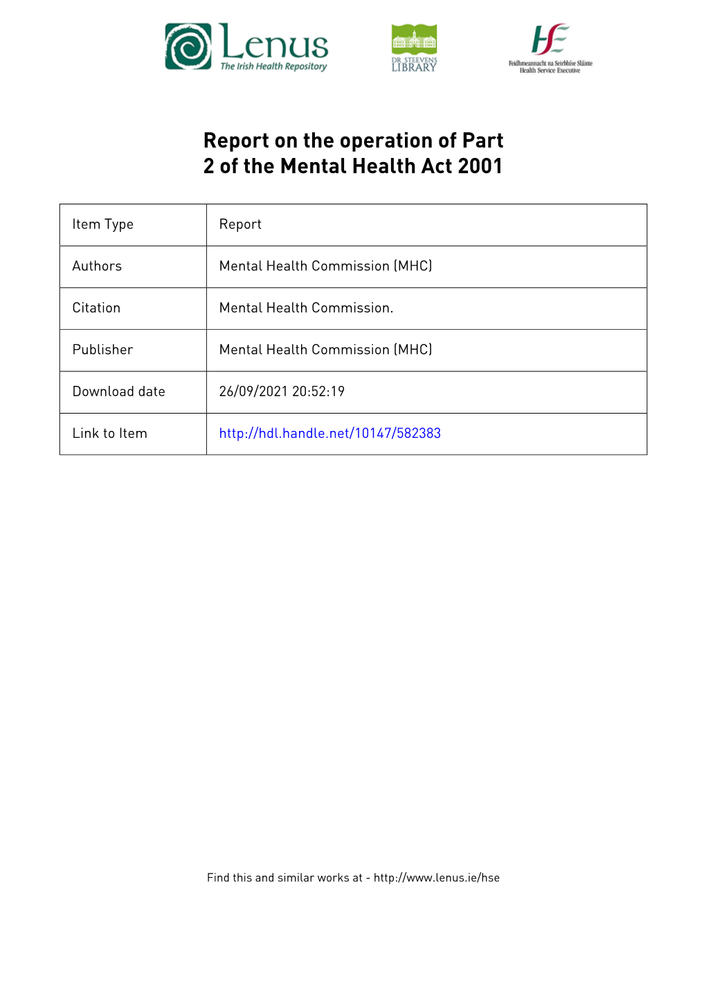 Report on the Operation of Part 2 of the Mental Health Act 2001