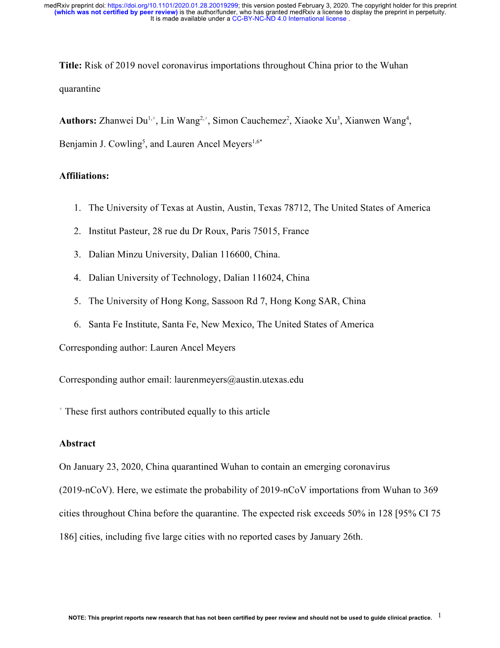 Risk of 2019 Novel Coronavirus Importations Throughout China Prior to the Wuhan ​ Quarantine