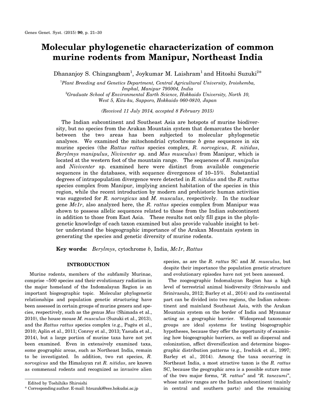 Molecular Phylogenetic Characterization of Common Murine Rodents from Manipur, Northeast India