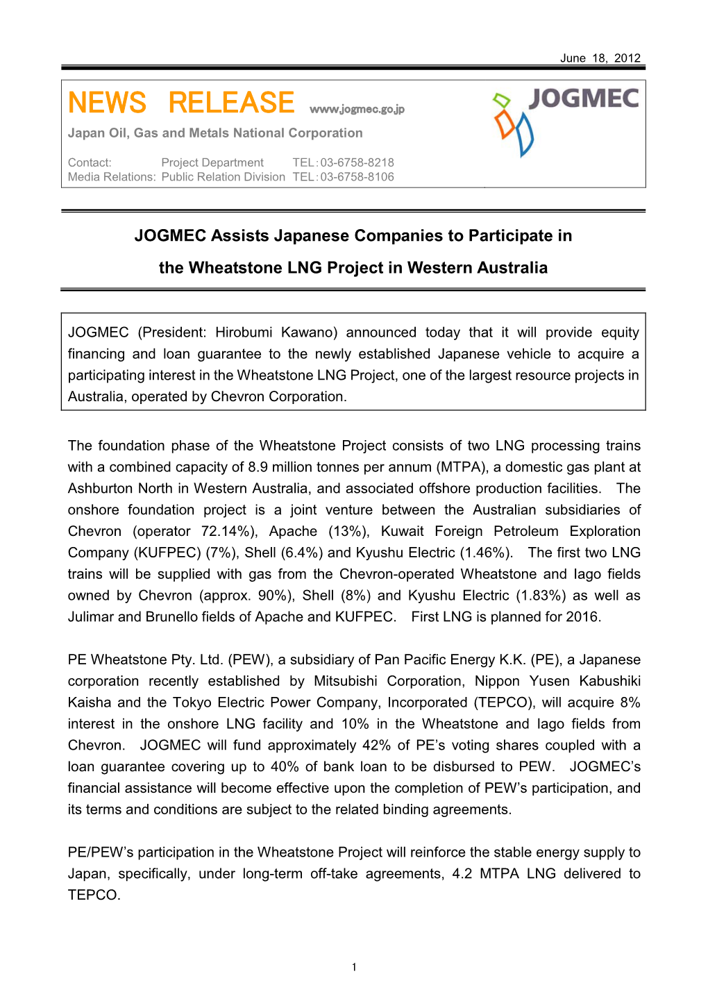 JOGMEC Assists Japanese Companies to Participate in the Wheatstone LNG Project in Western Australia