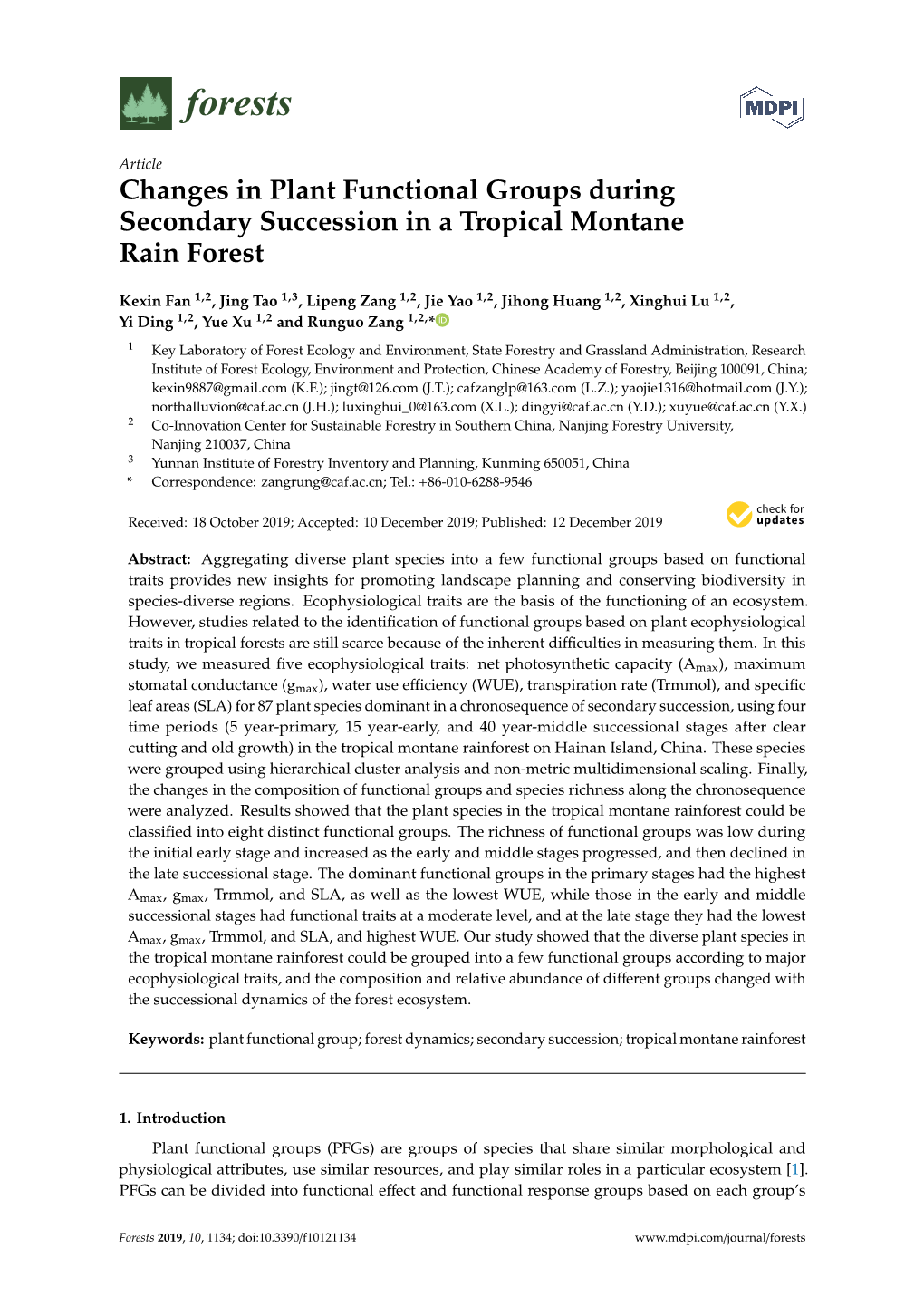 Changes in Plant Functional Groups During Secondary Succession in a Tropical Montane Rain Forest