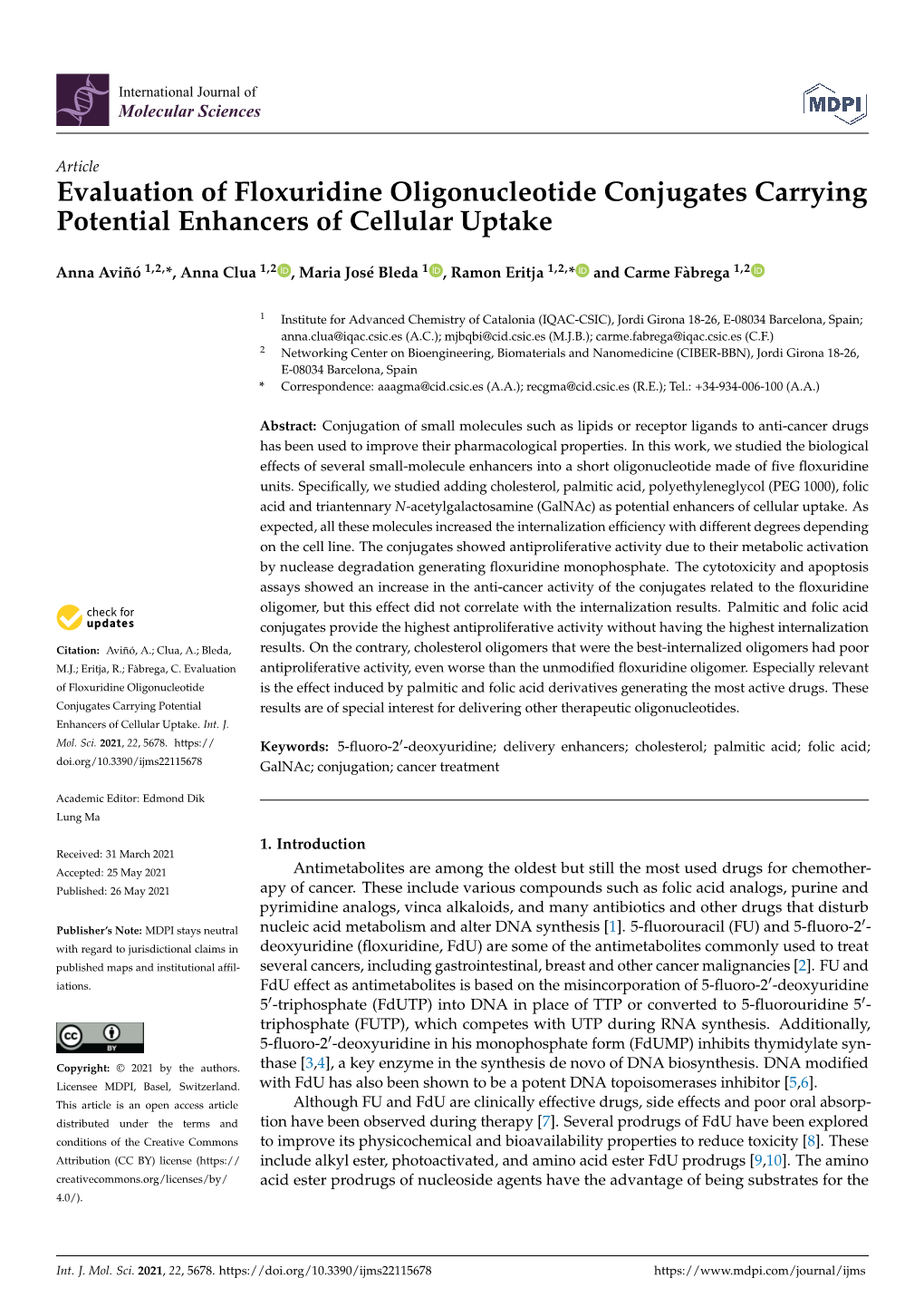 Evaluation of Floxuridine Oligonucleotide Conjugates Carrying Potential Enhancers of Cellular Uptake