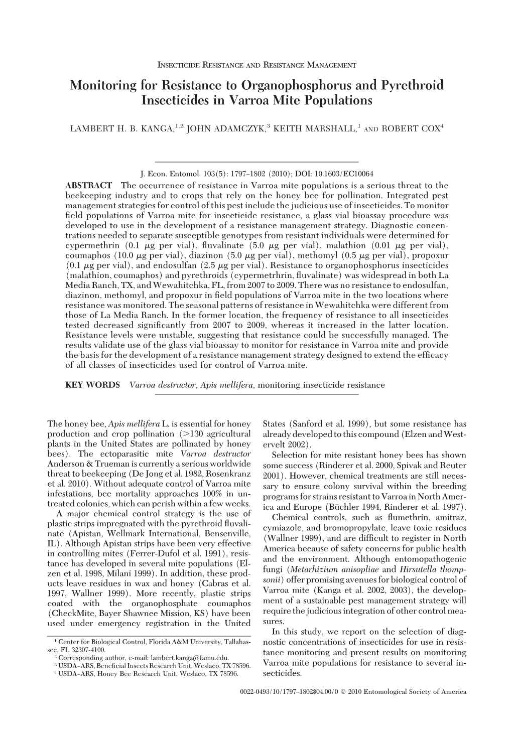 Monitoring for Resistance to Organophosphorus and Pyrethroid Insecticides in Varroa Mite Populations