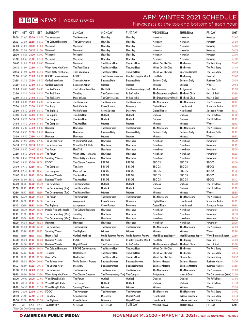 APM WINTER 2021 SCHEDULE Newscasts at the Top and Bottom of Each Hour