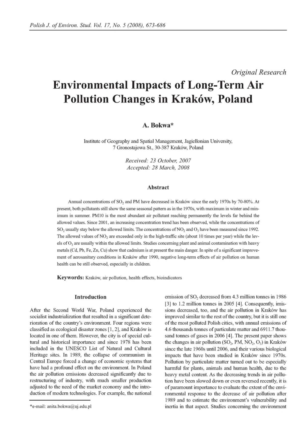 Environmental Impacts of Long-Term Air Pollution Changes in Kraków, Poland