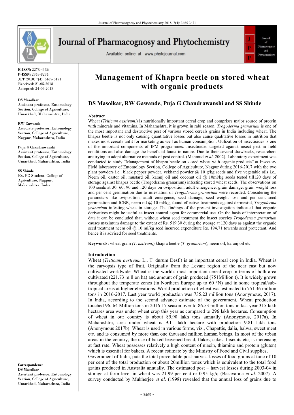 Management of Khapra Beetle on Stored Wheat with Organic Products