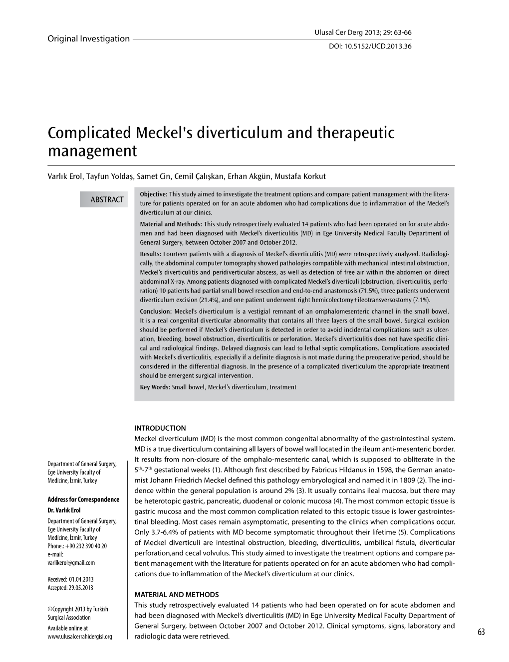 Complicated Meckel's Diverticulum and Therapeutic Management