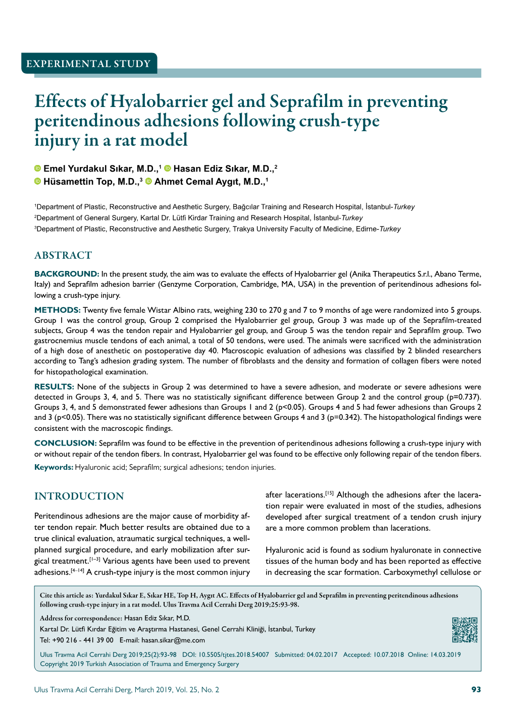 Effects of Hyalobarrier Gel and Seprafilm in Preventing Peritendinous Adhesions Following Crush-Type Injury in a Rat Model