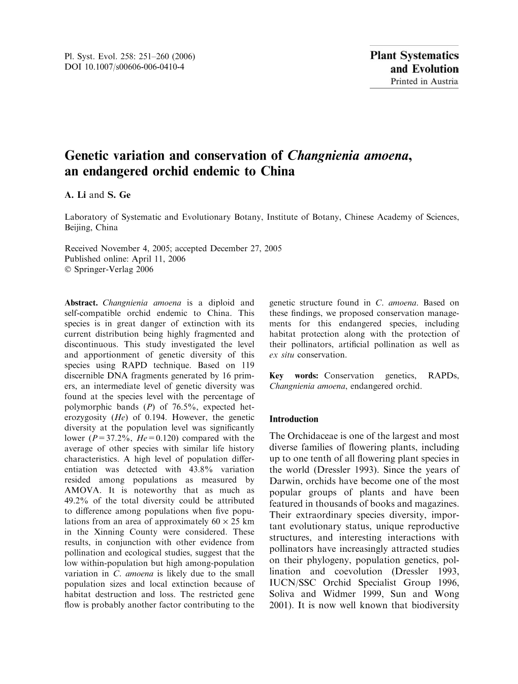 Genetic Variation and Conservation of Changnienia Amoena, an Endangered Orchid Endemic to China