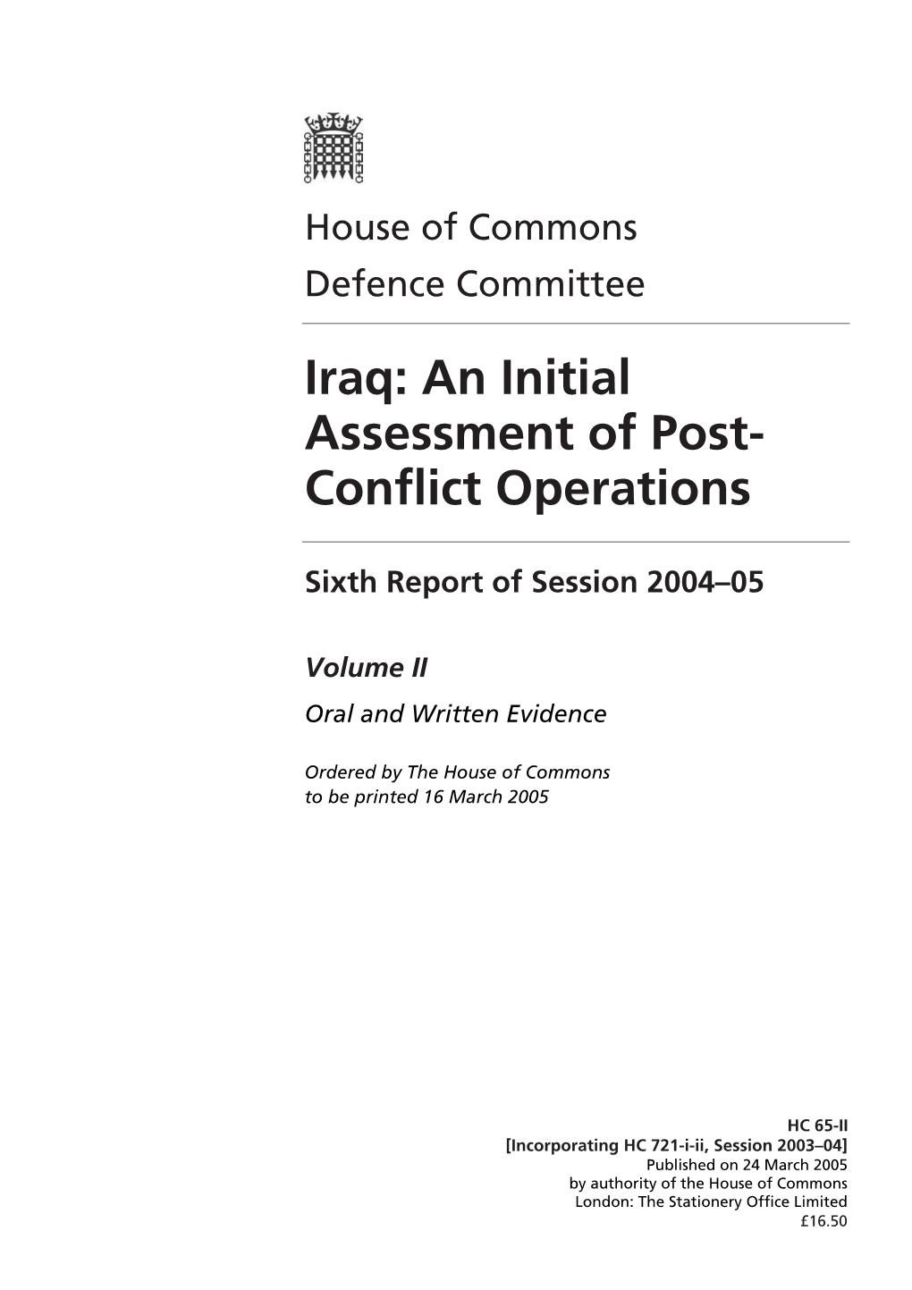Iraq: an Initial Assessment of Post- Conflict Operations