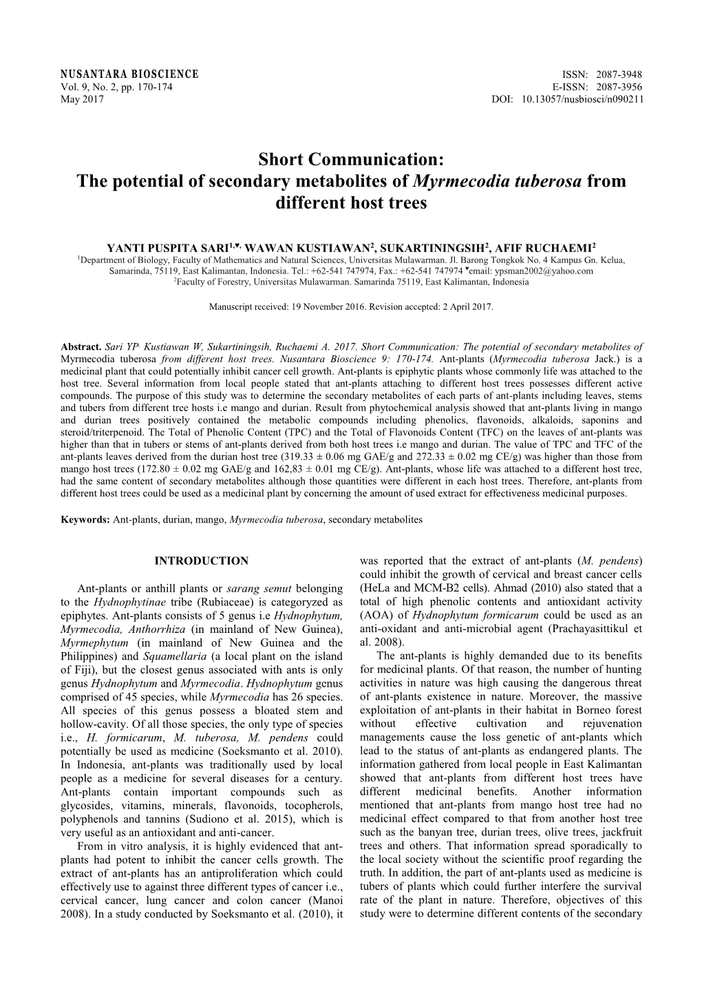 The Potential of Secondary Metabolites of Myrmecodia Tuberosa from Different Host Trees