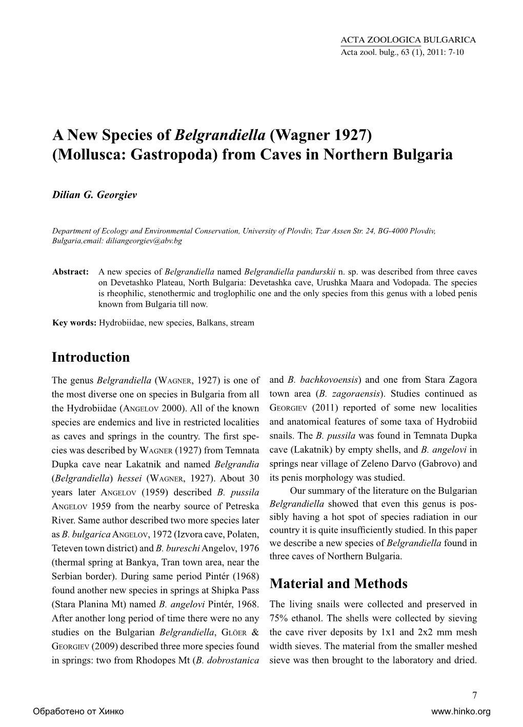 A New Species of Belgrandiella (Wagner 1927) (Mollusca: Gastropoda) from Caves in Northern Bulgaria