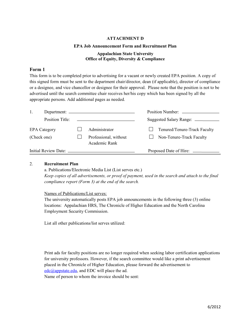 EPA Job Announcement Form and Recruitment Plan