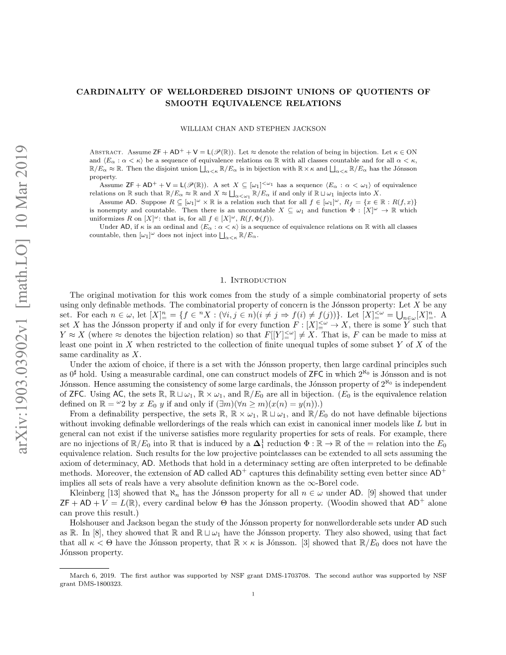 Cardinality of Wellordered Disjoint Unions of Quotients of Smooth Equivalence Relations on R with All Classes Countable Is the Main Result of the Paper