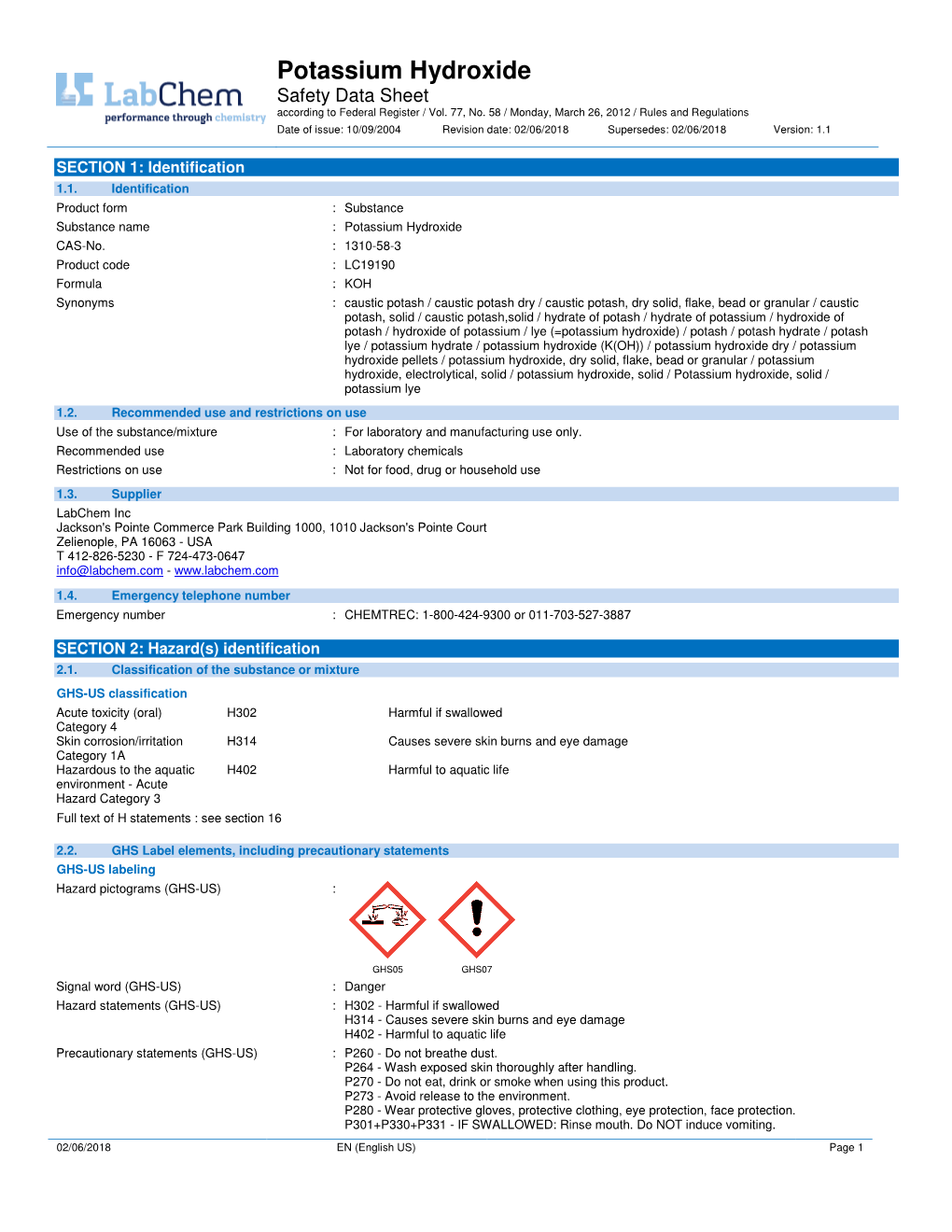 Potassium Hydroxide Safety Data Sheet According to Federal Register / Vol