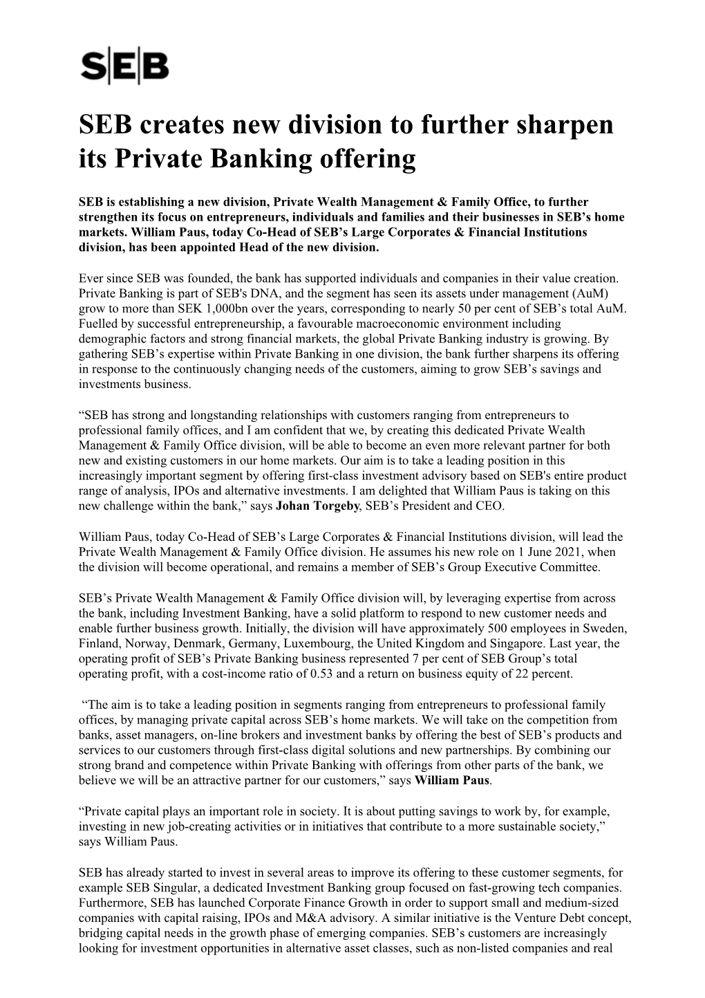 SEB Creates New Division to Further Sharpen Its Private Banking Offering