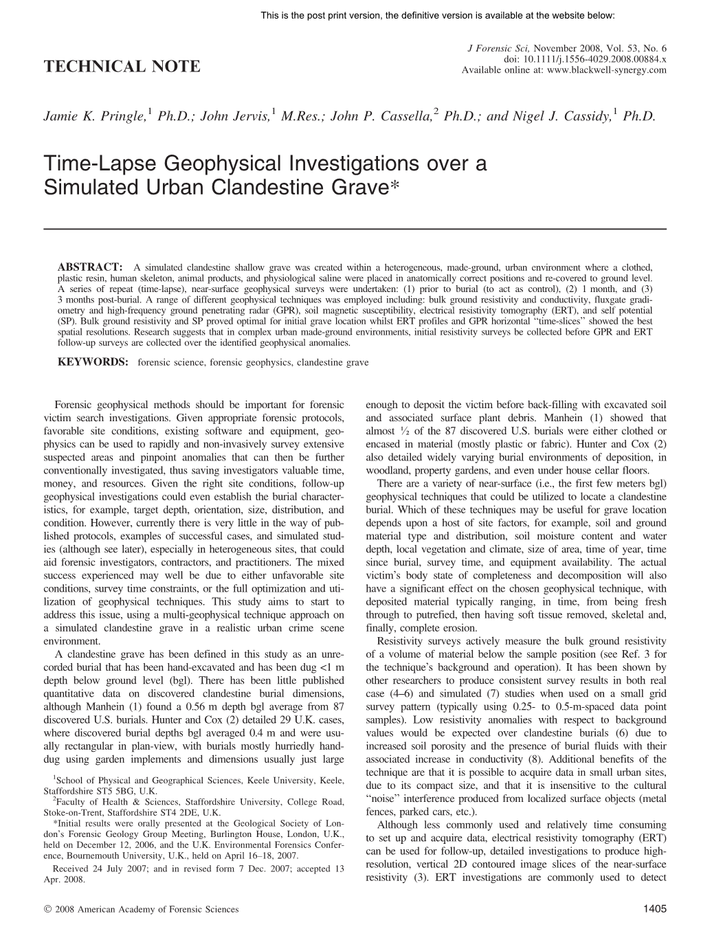 Time-Lapse Geophysical Investigations Over a Simulated Urban Clandestine Grave*