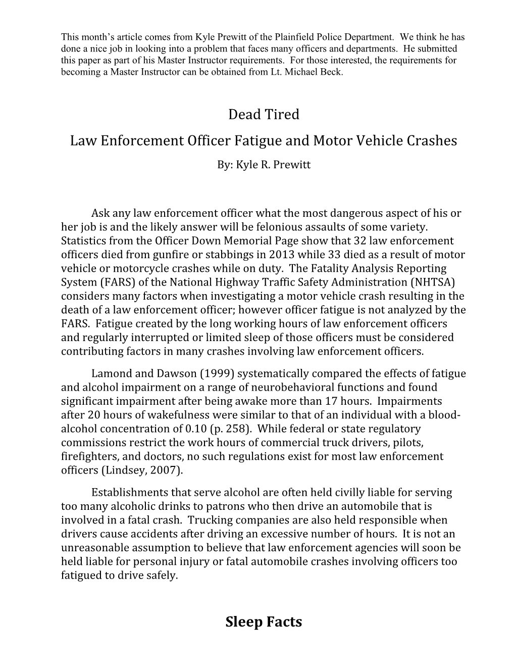 Law Enforcement Officer Fatigue and Motor Vehicle Crashes