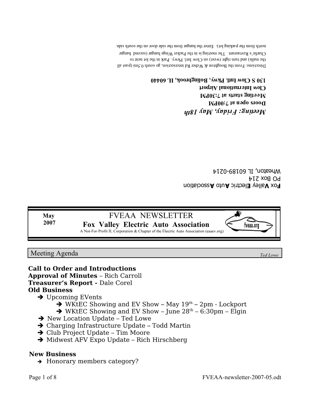 FVEAA NEWSLETTER 2007 Fox Valley Electric Auto Association a Not-For-Profit IL Corporation & Chapter of the Electric Auto Association (Eaaev.Org)