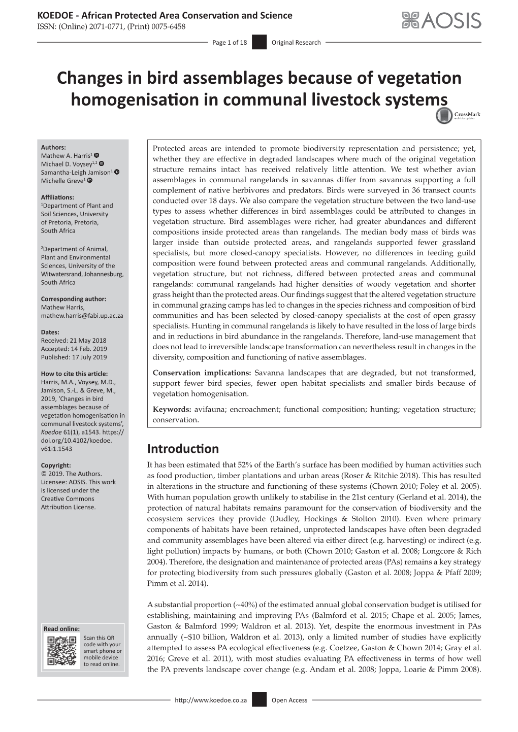 Changes in Bird Assemblages Because of Vegetation Homogenisation in Communal Livestock Systems