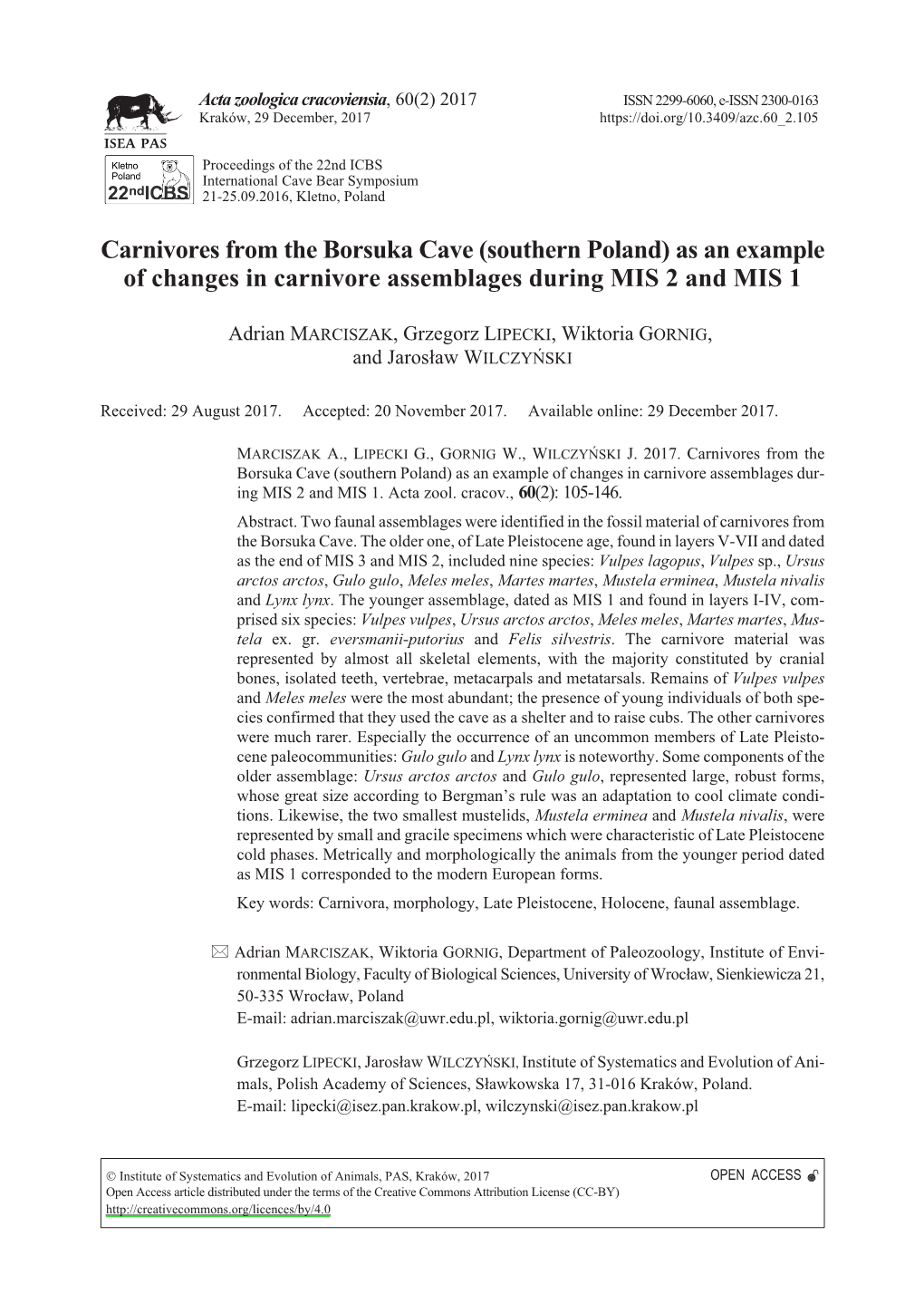 Carnivores from the Borsuka Cave (Southern Poland) As an Example of Changes in Carnivore Assemblages During MIS 2 and MIS 1