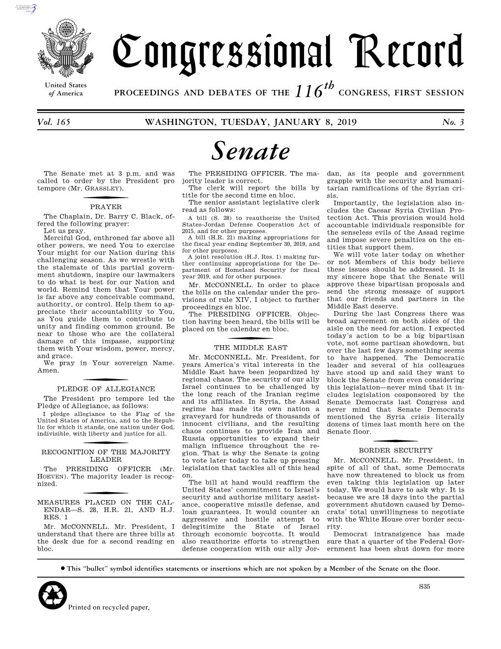 Congressional Record United States Th of America PROCEEDINGS and DEBATES of the 116 CONGRESS, FIRST SESSION