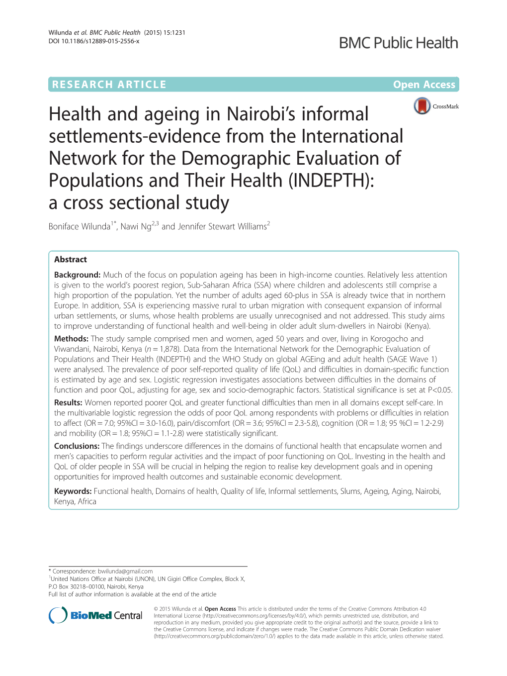Health and Ageing in Nairobi's Informal Settlements-Evidence From
