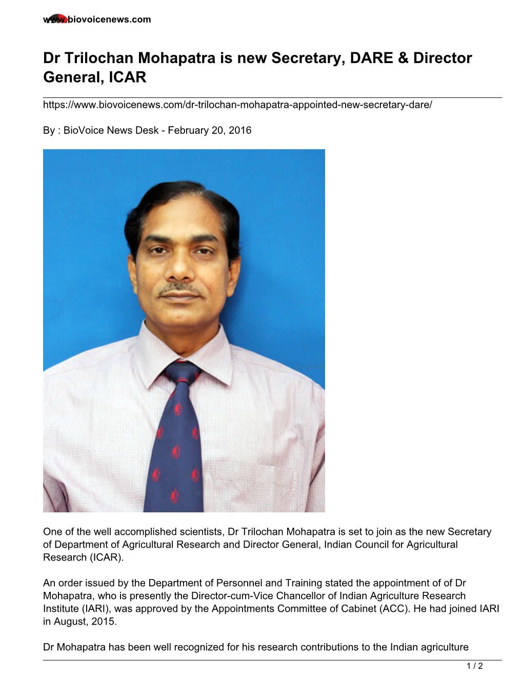 Dr Trilochan Mohapatra Is New Secretary, DARE & Director General, ICAR