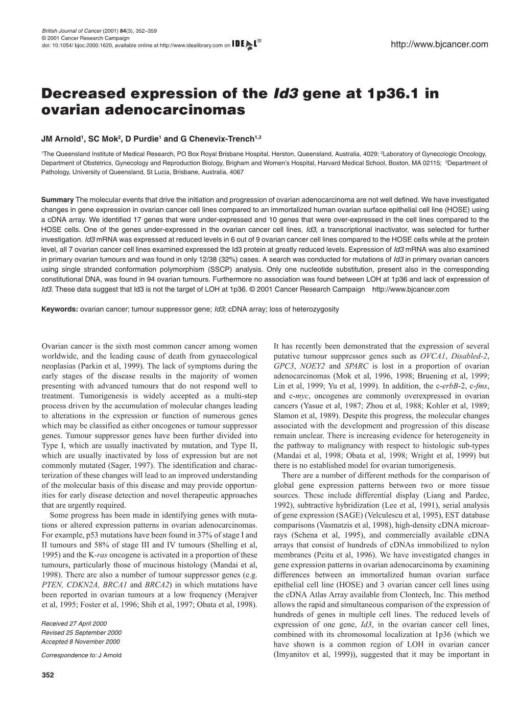 Decreased Expression of the Id3gene at 1P36.1 in Ovarian