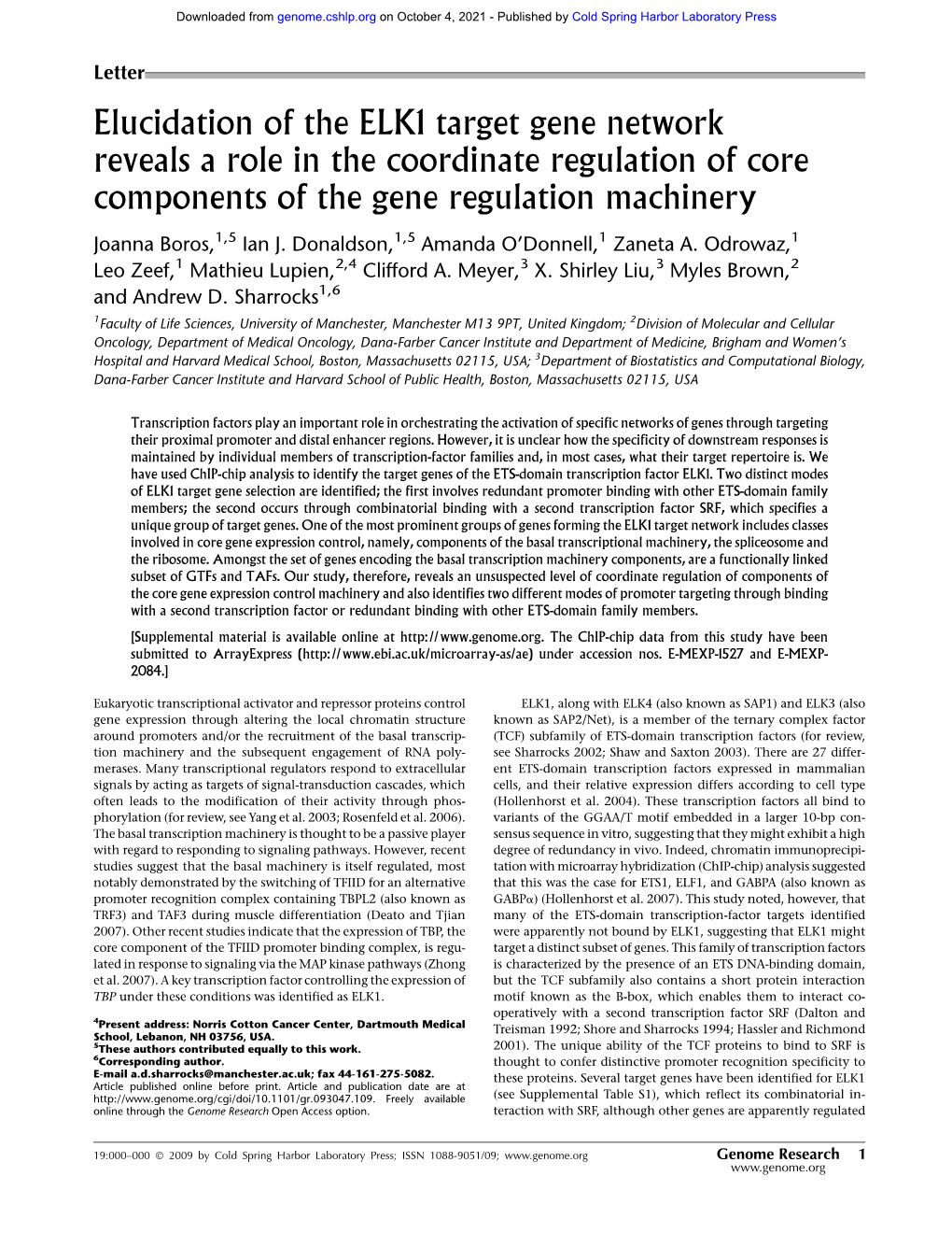 Elucidation of the ELK1 Target Gene Network Reveals a Role in the Coordinate Regulation of Core Components of the Gene Regulation Machinery