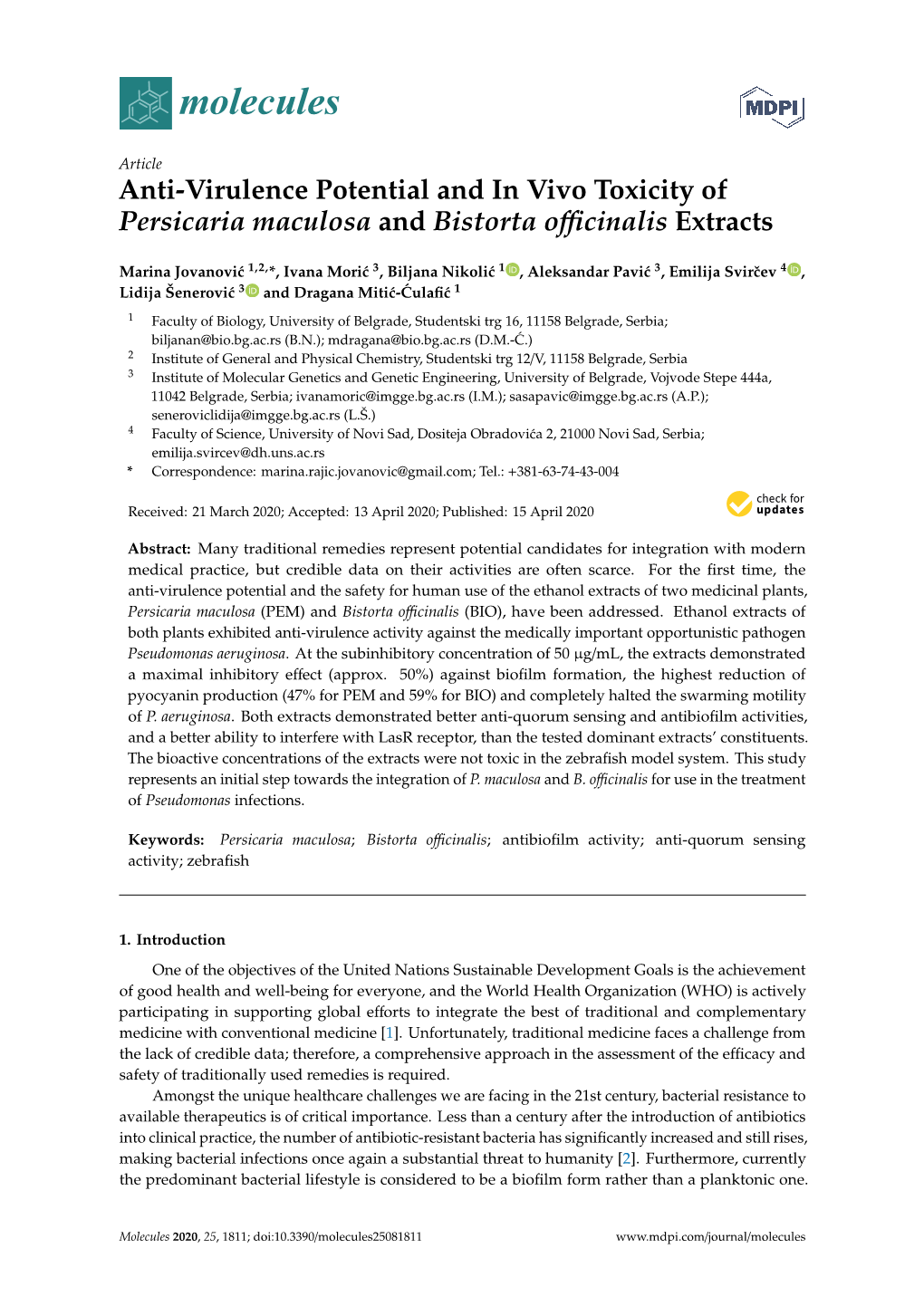 Anti-Virulence Potential and in Vivo Toxicity of Persicaria Maculosa and Bistorta Officinalis Extracts