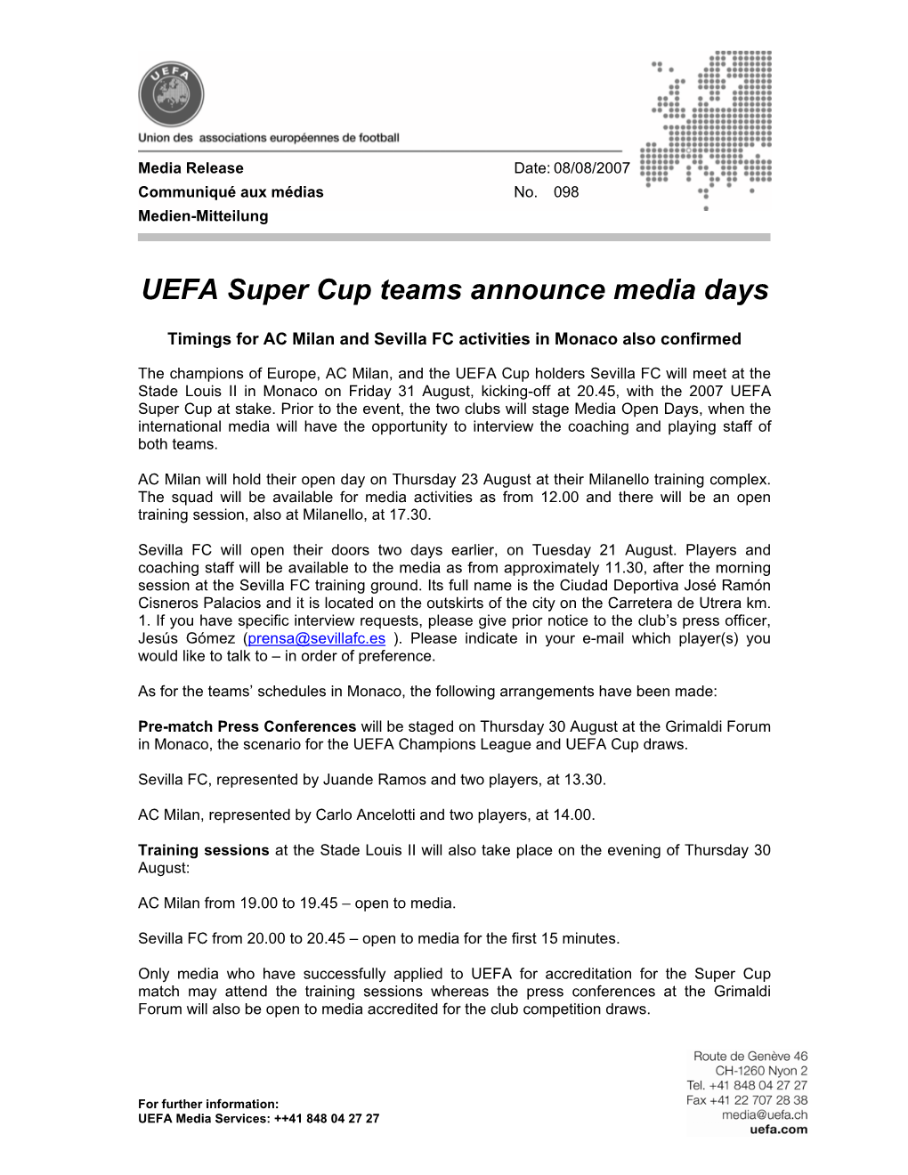 UEFA Super Cup Teams Announce Media Days