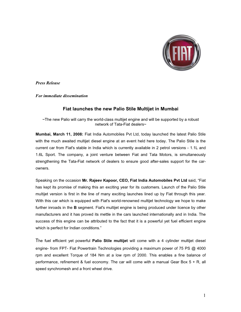 1 Fiat Launches the New Palio Stile Multijet in Mumbai